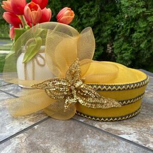 NEW Glitzy Mustard Gold Sequin Fancy Tulle Wool Spray Bow Hat Headpiece